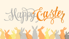bunte Osterhasen mit dem Schriftzug "Happy Easter"